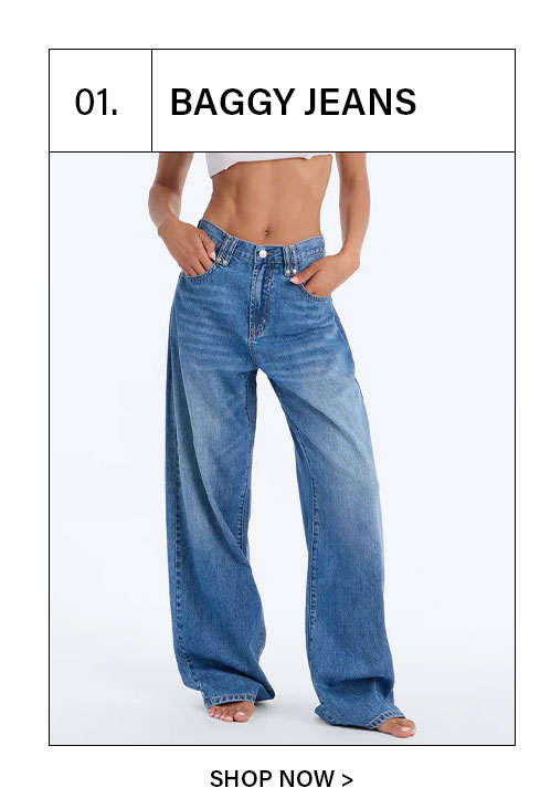 Women's blue baggy jeans. Stylish, comfortable wide-leg denim, a trending fashion look. Shop now.