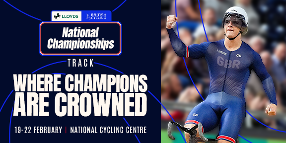 A promotional banner for the Lloyds National Track Championships with an image of a track sprinter celebrating.