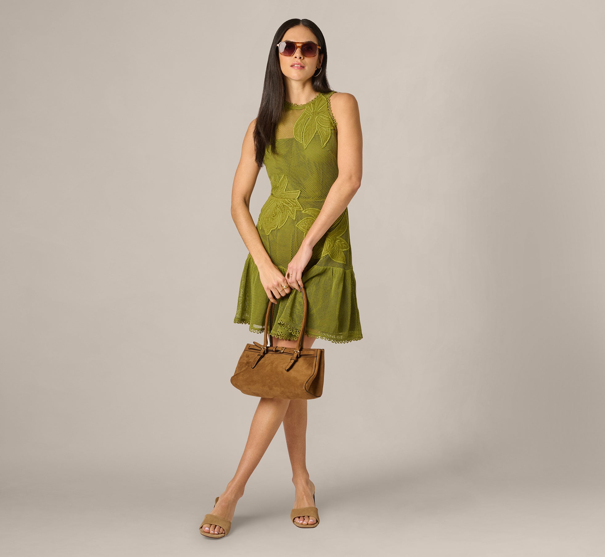 Image of Cotton Mesh Floral Short Dress In Dark Moss