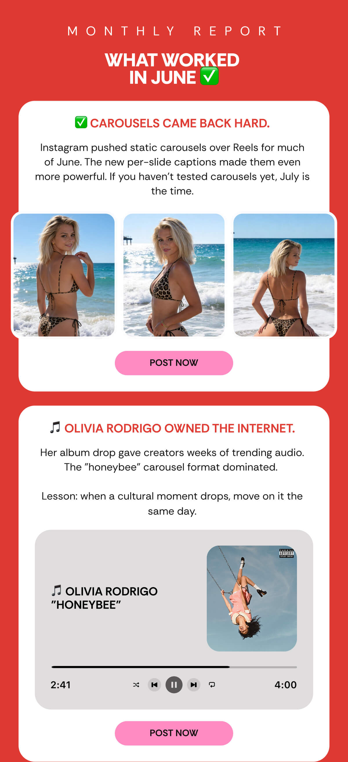 MONTHLY REPORT WHAT WORKED  IN JUNE ✅ ✅ Carousels came back hard. Instagram pushed static carousels over Reels for much of June. The new per-slide captions made them even more powerful. If you haven't tested carousels yet, July is the time. 🎵 Olivia Rodrigo owned the internet. Her album drop gave creators weeks of trending audio. The "honeybee" carousel format dominated.   Lesson: when a cultural moment drops, move on it the same day.