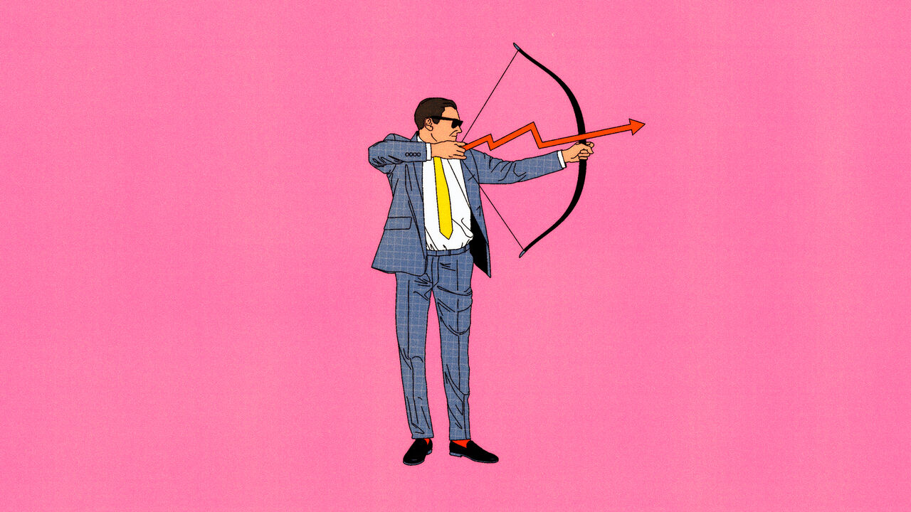 A Wall Street man in a suit shooting an arrow through a bow.