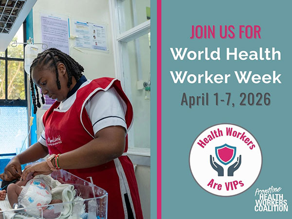 A graphic featuring a CMMB-supported health worker that announces World Health Worker Week, April 1 ? 7  