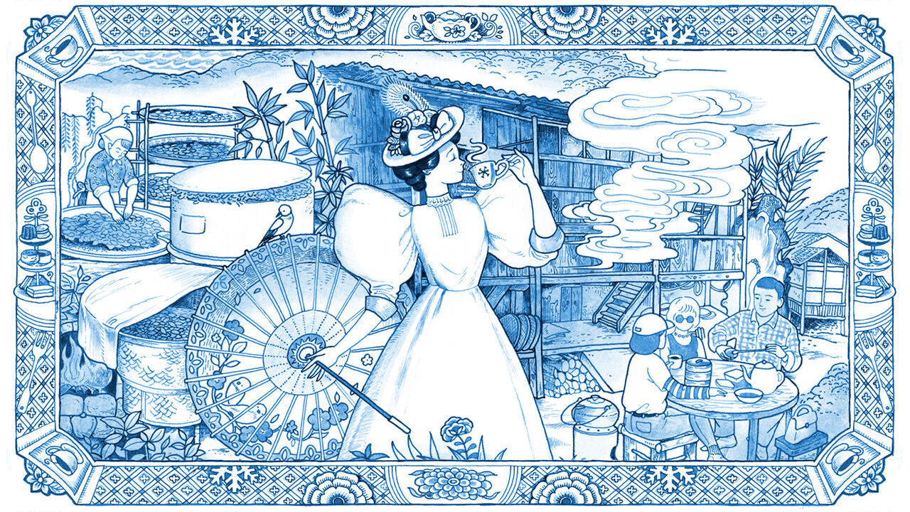 An illustration of a woman in Victorian-style dress drinking a cup of tea against a background of scenes from the tea-making process with hills and a ship behind. To the right a group of contemporary tea-drinkers can be seen at a table.