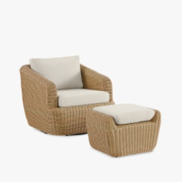 The Wade Logan Cambelle swivel patio chair and ottoman set against a grey background.
