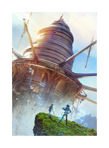 Art for Echoes of Aincrad depicting a pair of adventurers beside a shining tower.