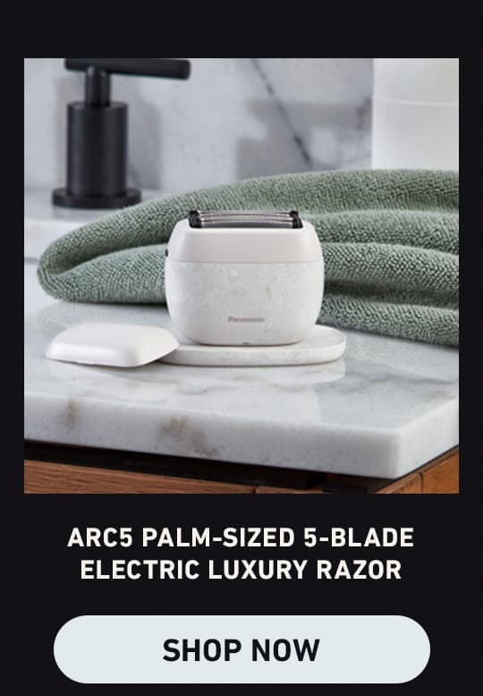 ARC5 palm-sized 5-blade electric luxury razor. Shop Now (Clickable link).