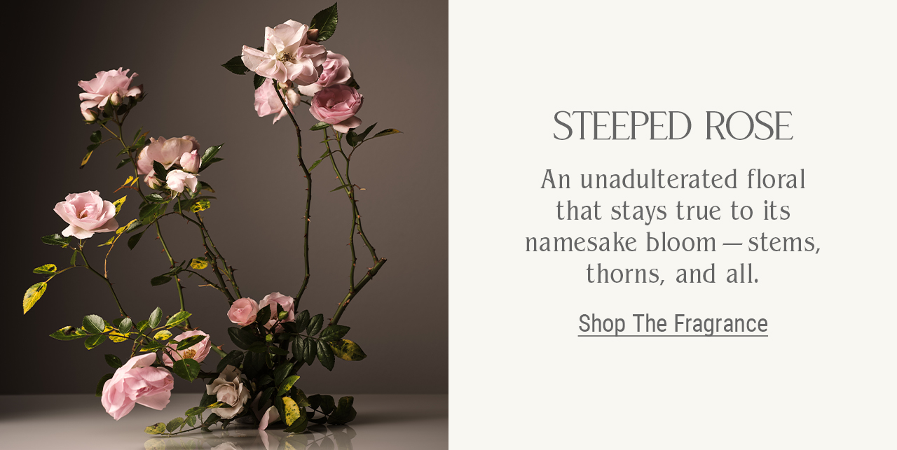 Steeped Rose, An unadulterated floral that stays true to its namesake bloom—stems, thorns, and all. Shop the fragrance.