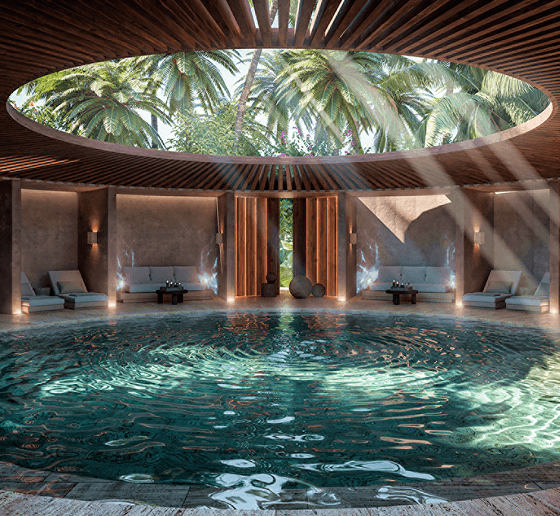 Indoor spa pool beneath an open skylight, with palm trees overhead and shafts of sunlight illuminating the water.