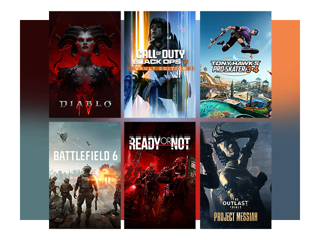 A grid of box art featuring Diablo IV, Call of Duty: Black Ops 7, Tony Hawk's Pro Skater 3 + 4, and other games.