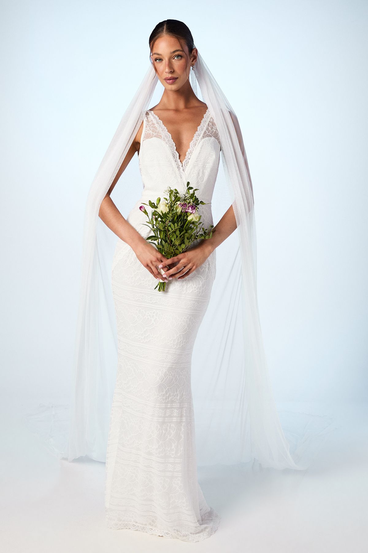 Plunge Neck Boho Fishtail Wedding Dress