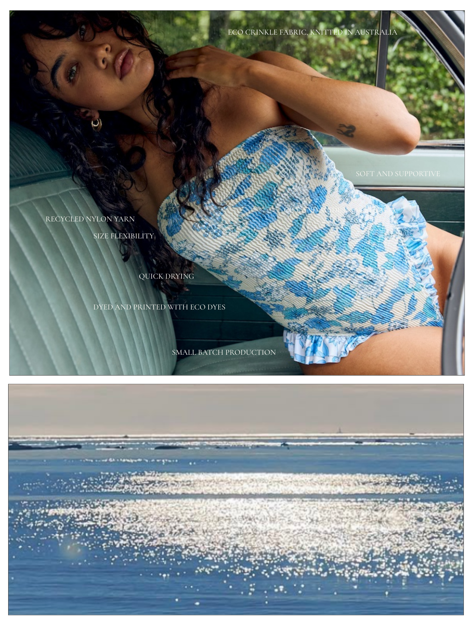 model wearing beaded bikini and blue floral bikini
