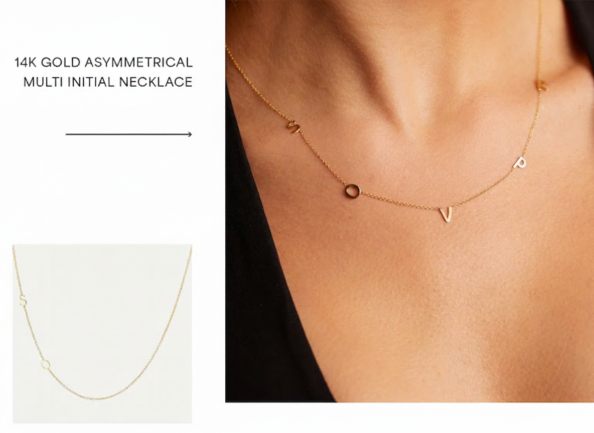 an image of a woman wearing a necklace with a gold and silver initial necklace