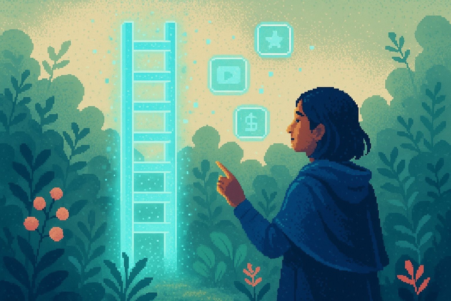A pixel art woman in a digital garden reaches toward a glowing teal ladder under a sunset sky, surrounded by tech icons and pixelated plants.