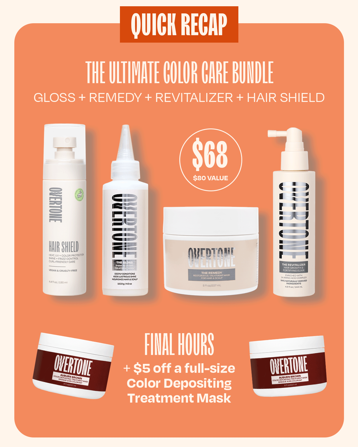 QUICK RECAP: The Ultimate Color Care Bundle = Gloss + Remedy + Revitalizer + Hair Shield → $68 (value $80) → PLUS: $5 off a full-size Color Depositing Treatment Mask