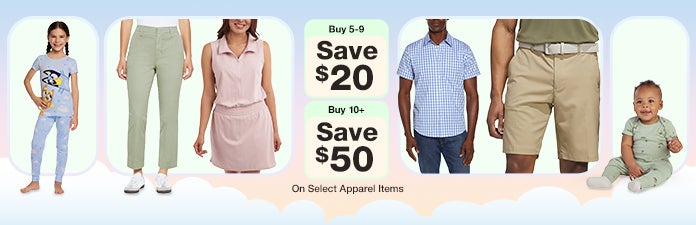 Buy 5-9 Save $20 or buy 10+ save $50 on select apparel items
