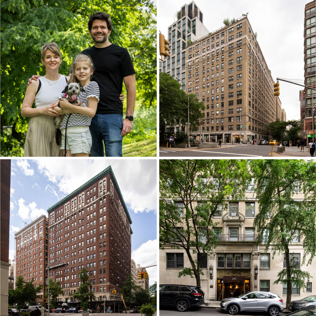 A grid of four photos. The top left shows a smiling woman, man and daughter. The other three show New York apartment buildings.