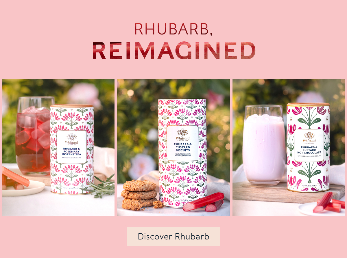 hero image with 'Rhubarb Reimagined' and a Discover Rhubarb CTA 