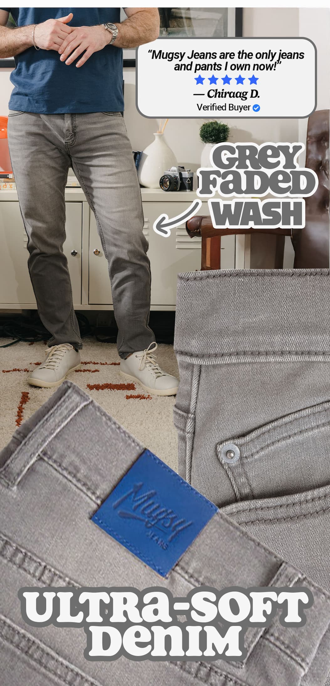 “Mugsy Jeans are the only jeans  and pants I own now!" Grey faded wash. ultra soft denim.