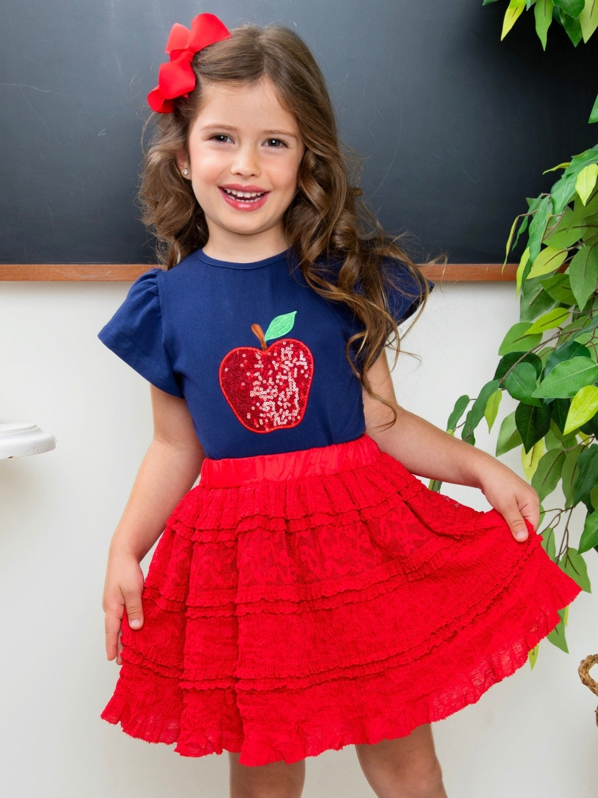 Image of Sparkle Apple Tee & Tiered Lace Ruffle Skirt Set