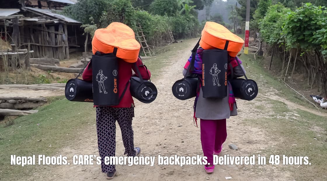Nepal Floods. CARES emergency backpacks. Delivered in 48 hours.