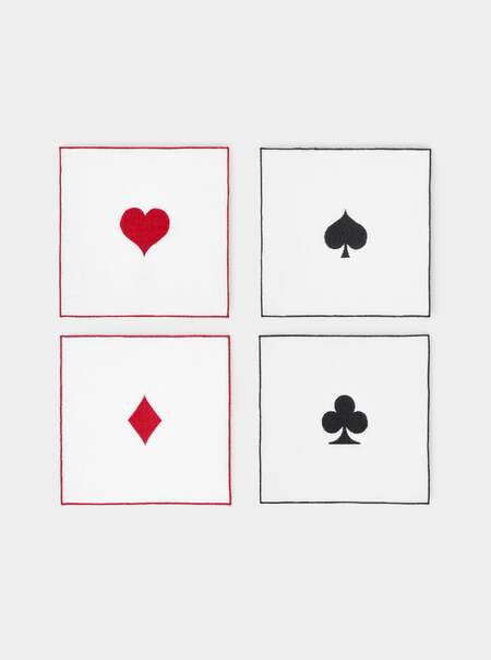 Playing Cards Embroidered Linen Cocktail Napkins (Set of 4)