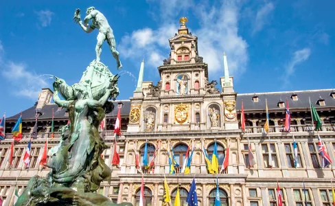 Brabo Fountain City Hall Flags Antwerp
