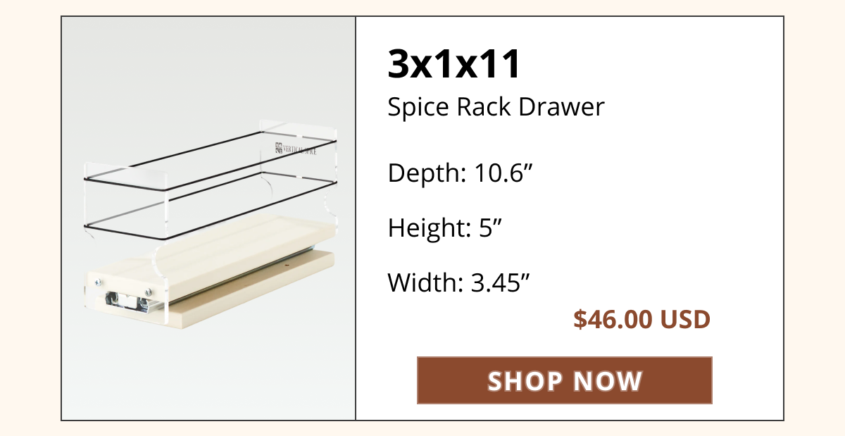 Vertical Spice 3x1x11 single pull-out spice rack drawer designed for narrow cabinet spaces.