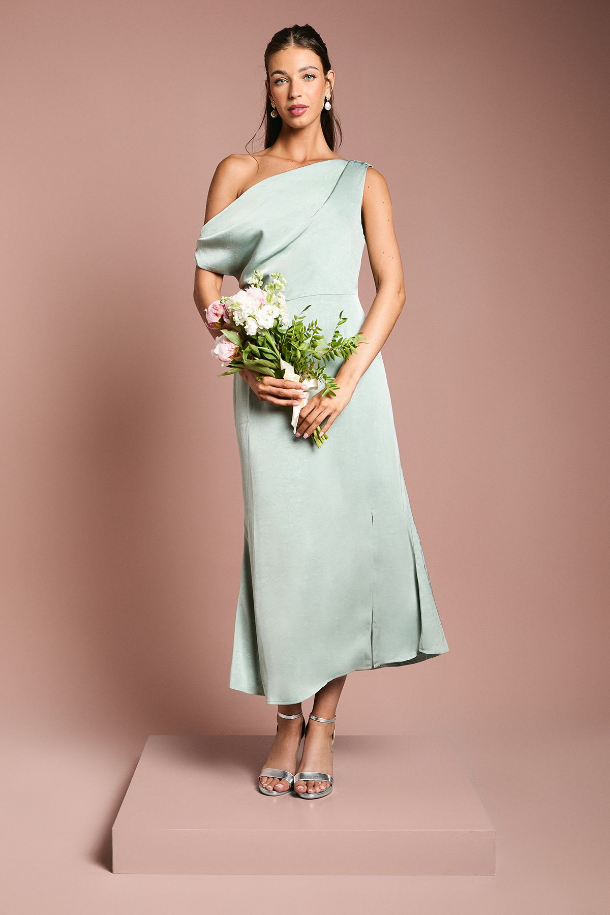 Fallen Shoulder Satin Bridesmaids Midi Dress