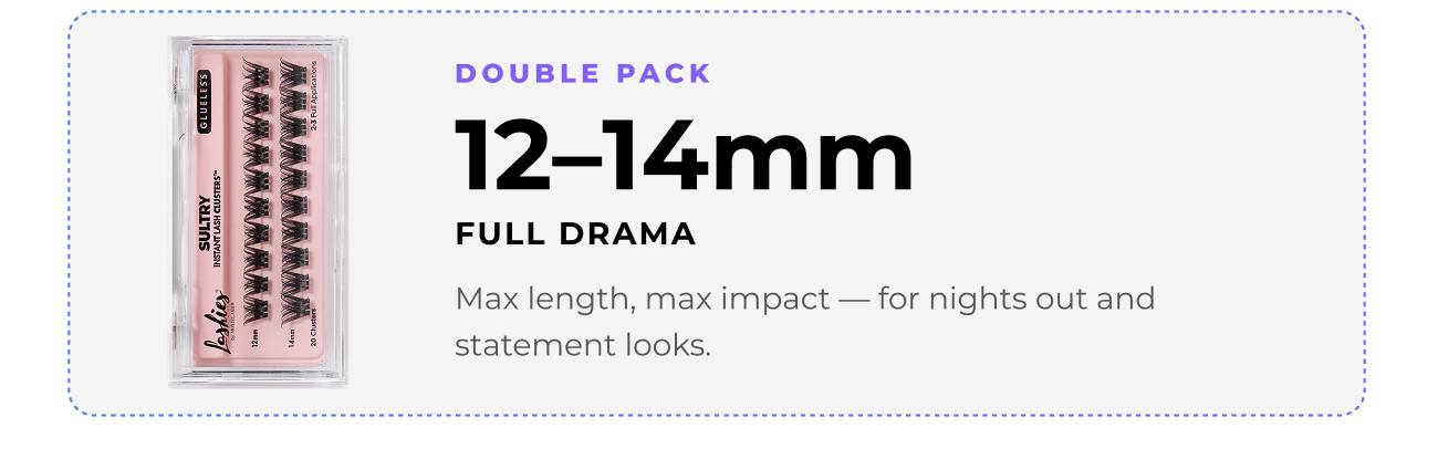 Product selection card showing Sultry cluster lashes double pack in 12–14mm lengths labeled “Full Drama” designed for maximum length and impact.