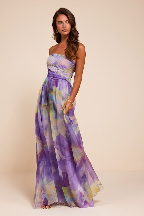 Image of Galilea Purple Multi Floral Strapless Maxi Dress