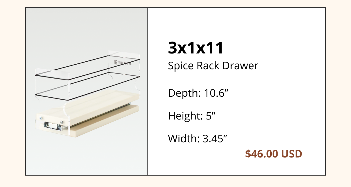 Single-tier narrow spice rack drawer organizer for slim cabinets with compact width design