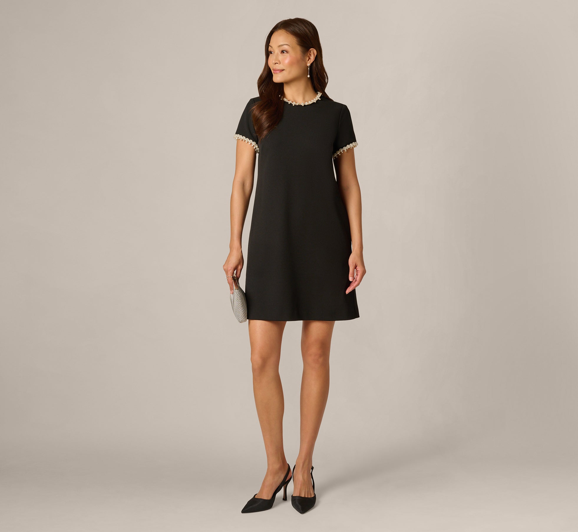 Image of Stretch Crepe Pearly Short Shift Dress In Black Ivory