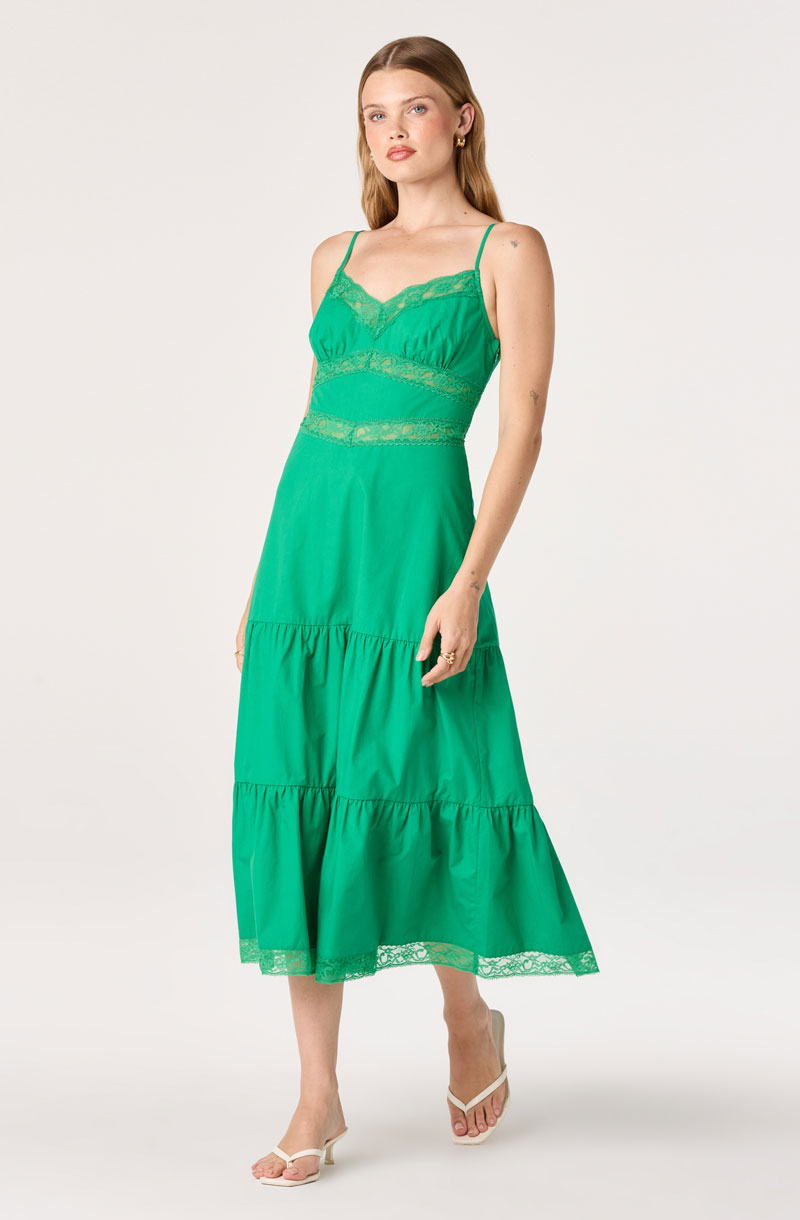 Woman Wearing Lace Trim Midi Dress