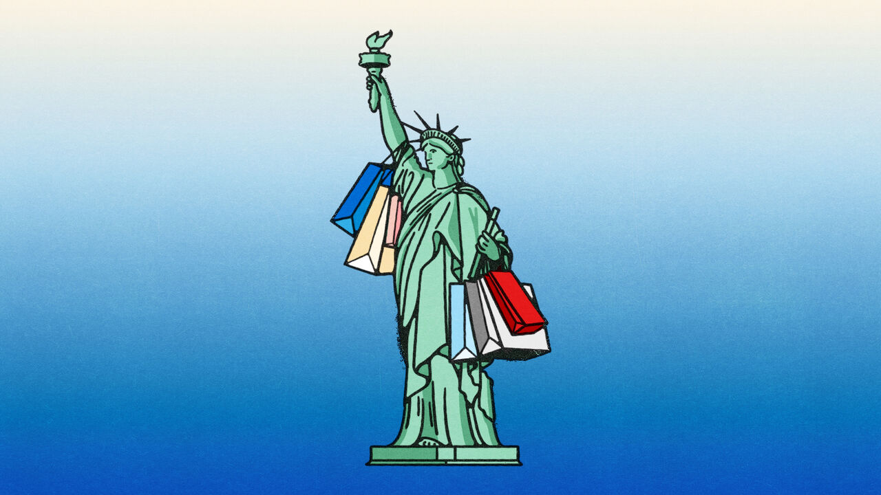 Illustration of the statue of liberty with a lot of shopping bags over her arms