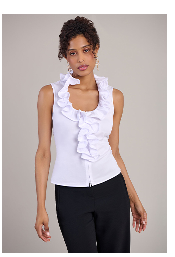 White Sleeveless Cotton Pique Shirt With Single Ruffle