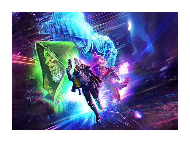 Key art for Borderlands 4: A Zane to Kill For featuring Zane wielding a pistol with various hologram figures in the background.