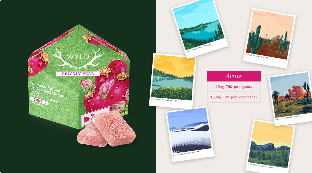 Wyld Prickly Pear cannabis gummies package with gummies and national park-inspired artwork.