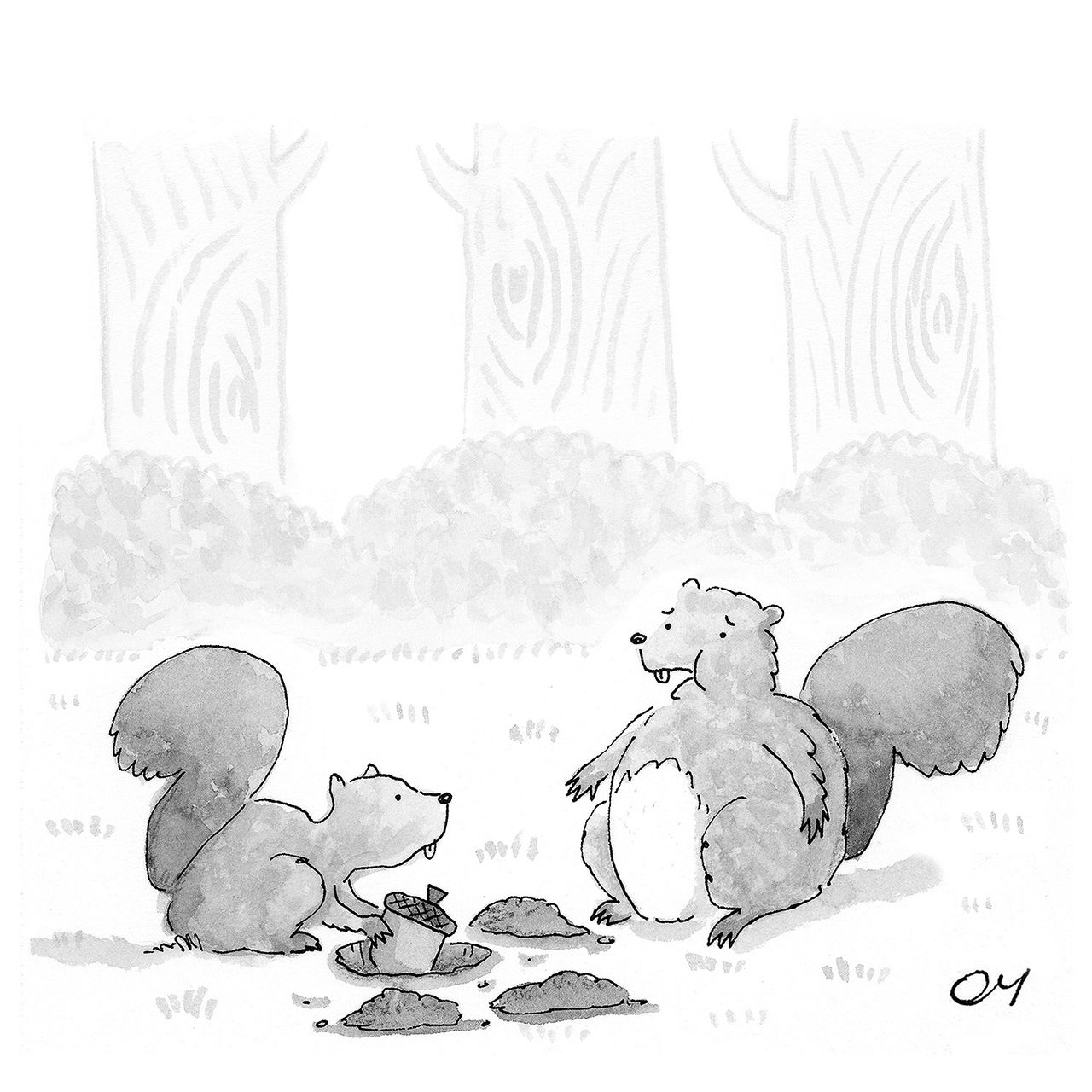 A very rotund squirrel speaks to a smaller squirrel, who is burying an acorn.