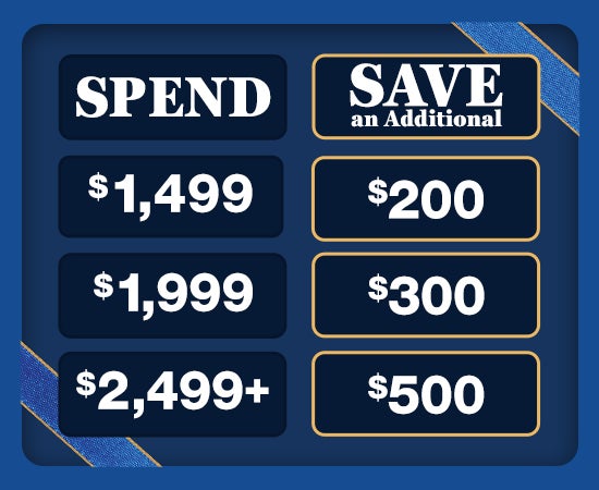 Spend $1499 Save $200 Spend $1999 save $300 spend $2499 save $500 on select appliances