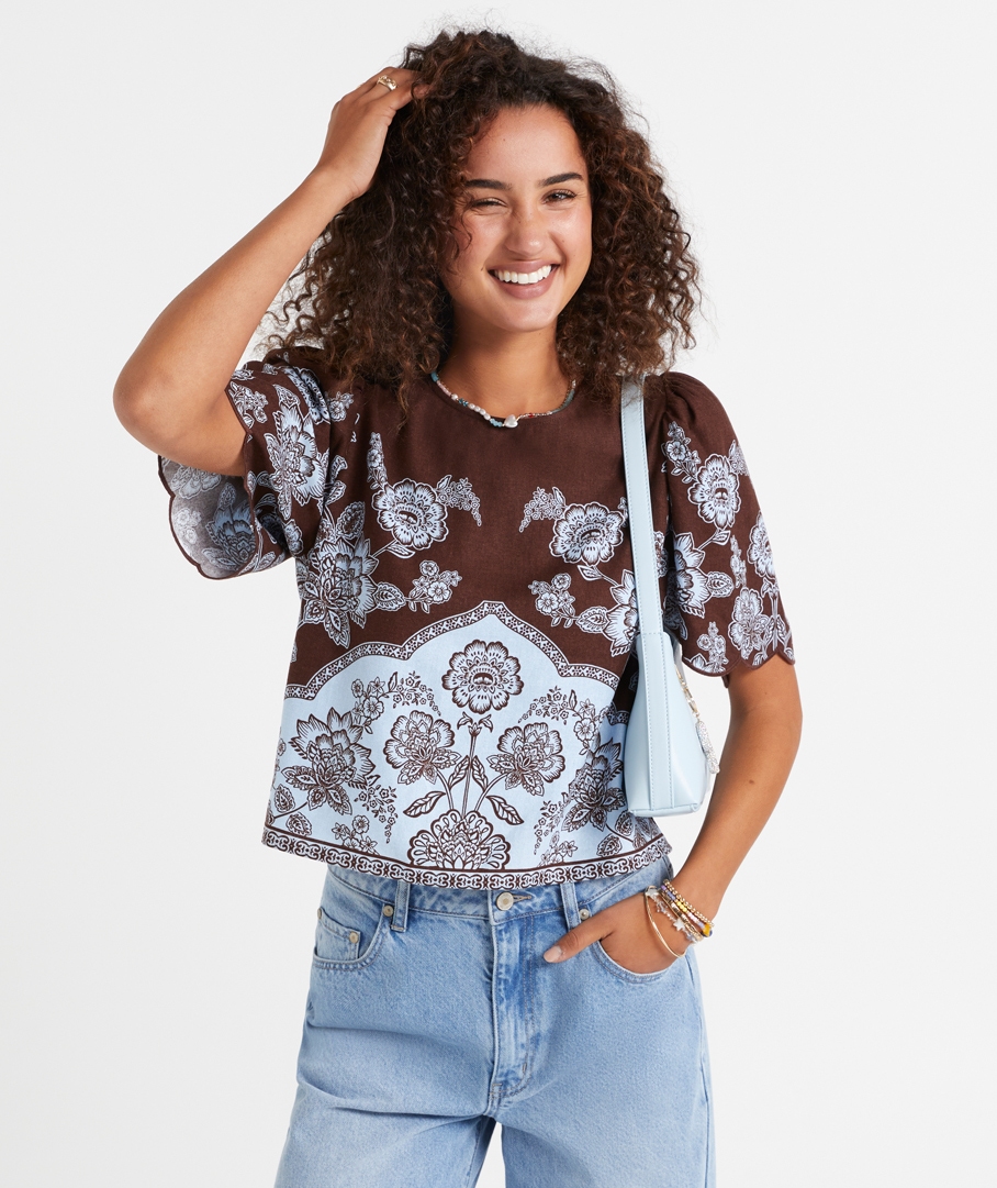 URSULA LINEN BLEND PRINTED BLOUSE