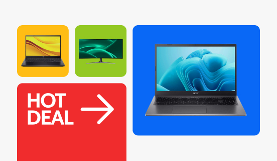 An ASUS Zenbook on a yellow tile, an AOC computer monitor on a green tile, and an Acer Aspire 5 laptop on a blue tile sit against a gray background. Text reads, 'Hot Deal' with a right arrow on a red tile.