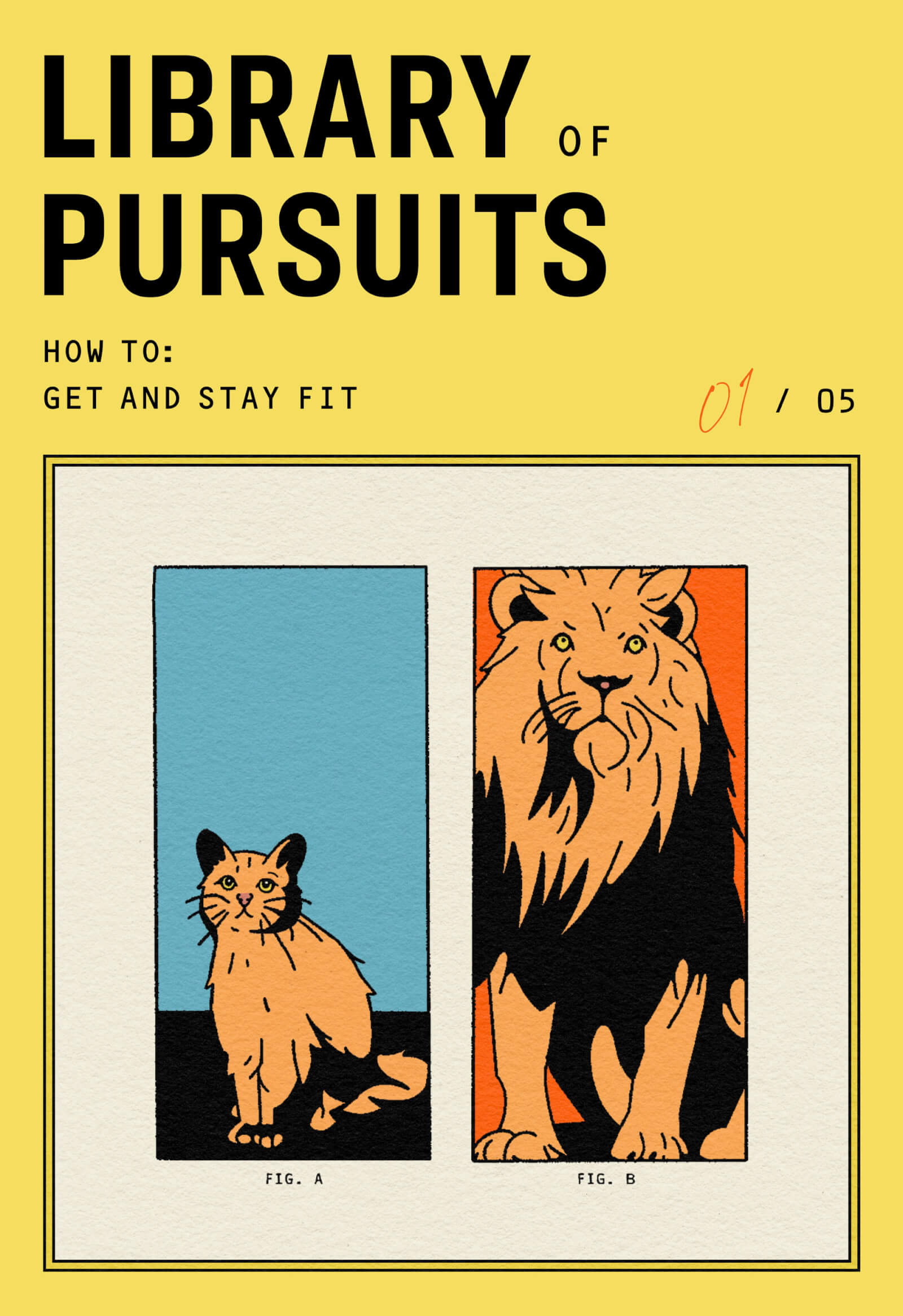 Library of Pursuits How to Get and Stay Fit, lesson 1 of 5. One image of a small kitten next to an image of a lion.