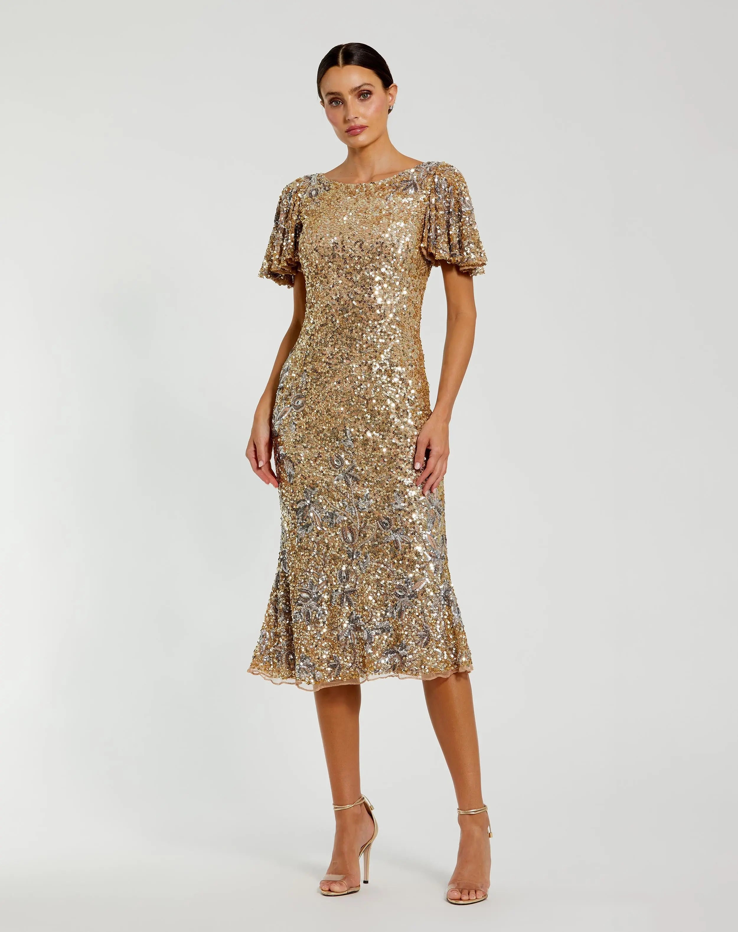 Image of Gold Flutter Sleeve Floral Embellished Sequin Midi Dress