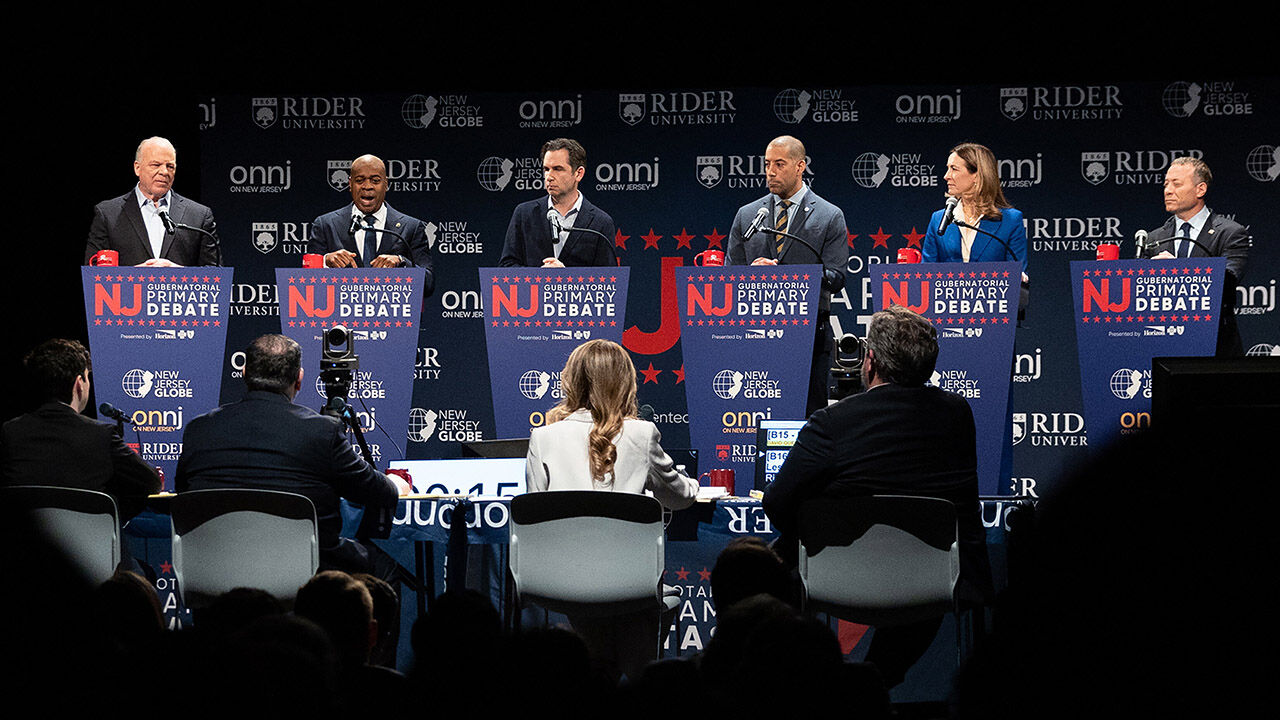 Democratic candidates for Governor of New Jersey Steve Sweeney, Ras Baraka, Steve Fulop, Sean Spiller, Mikie Sherrill, and Josh Gottheimer in Lawrenceville, New Jersey on February 2nd 2025