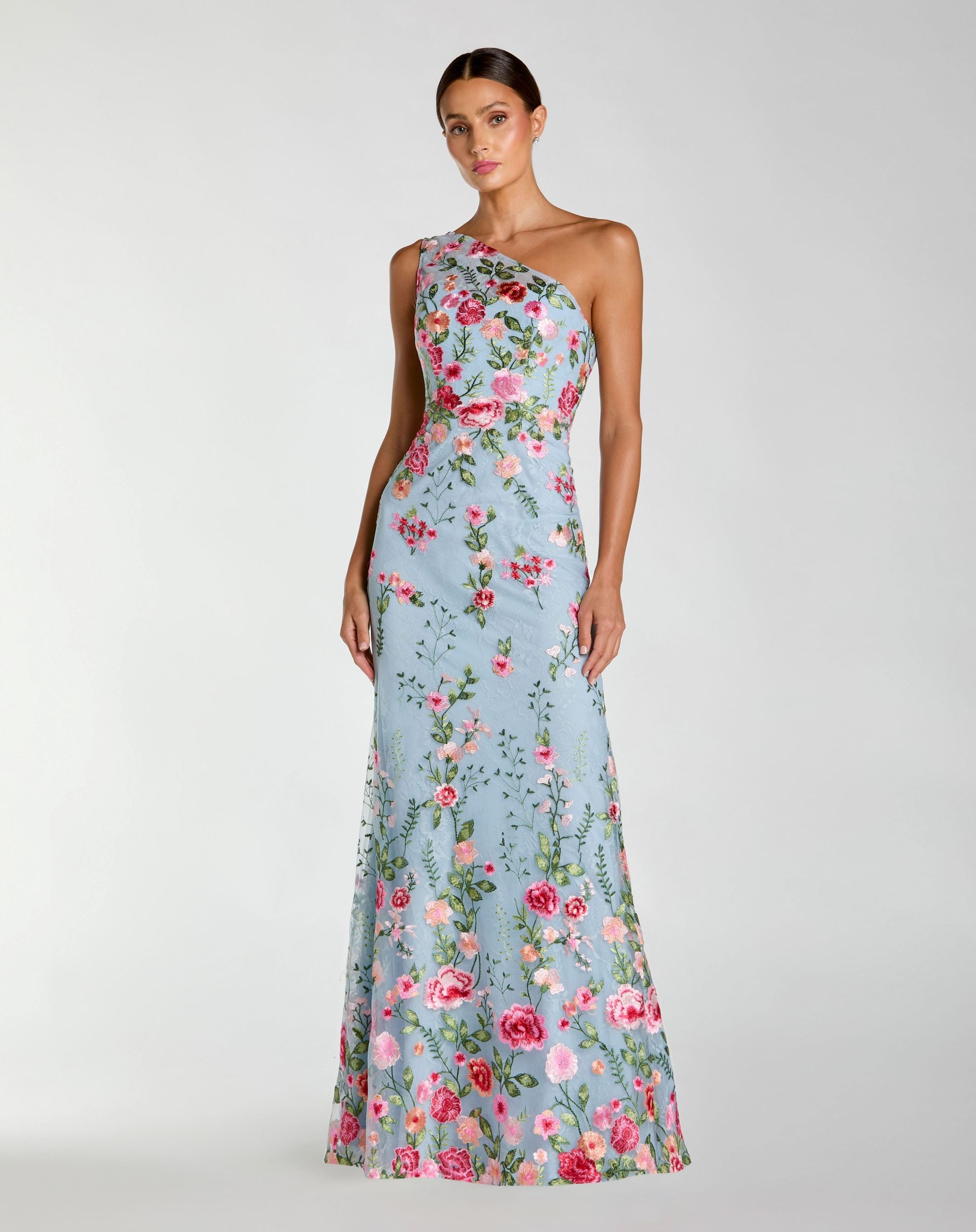 Image of Blue One Shoulder Floral Embroidered Gown