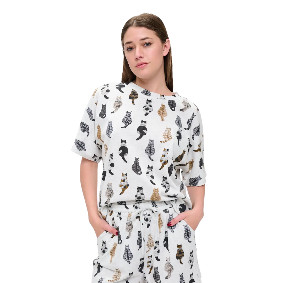 Image of Whimsical Cat Tails Print Relaxed Fit T-Shirt