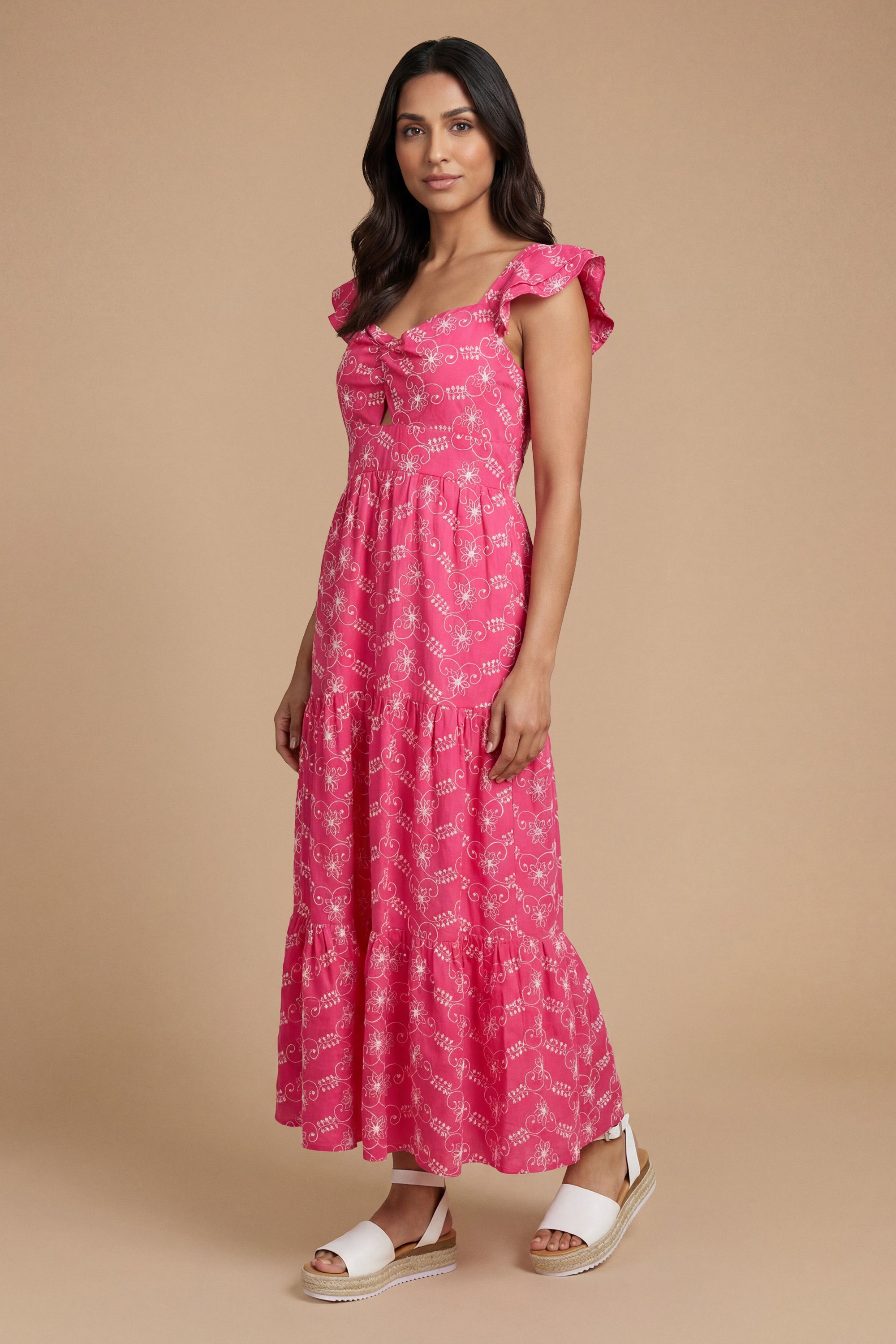 Petite Twist Front Tiered Detail Embroidered Maxi Dress