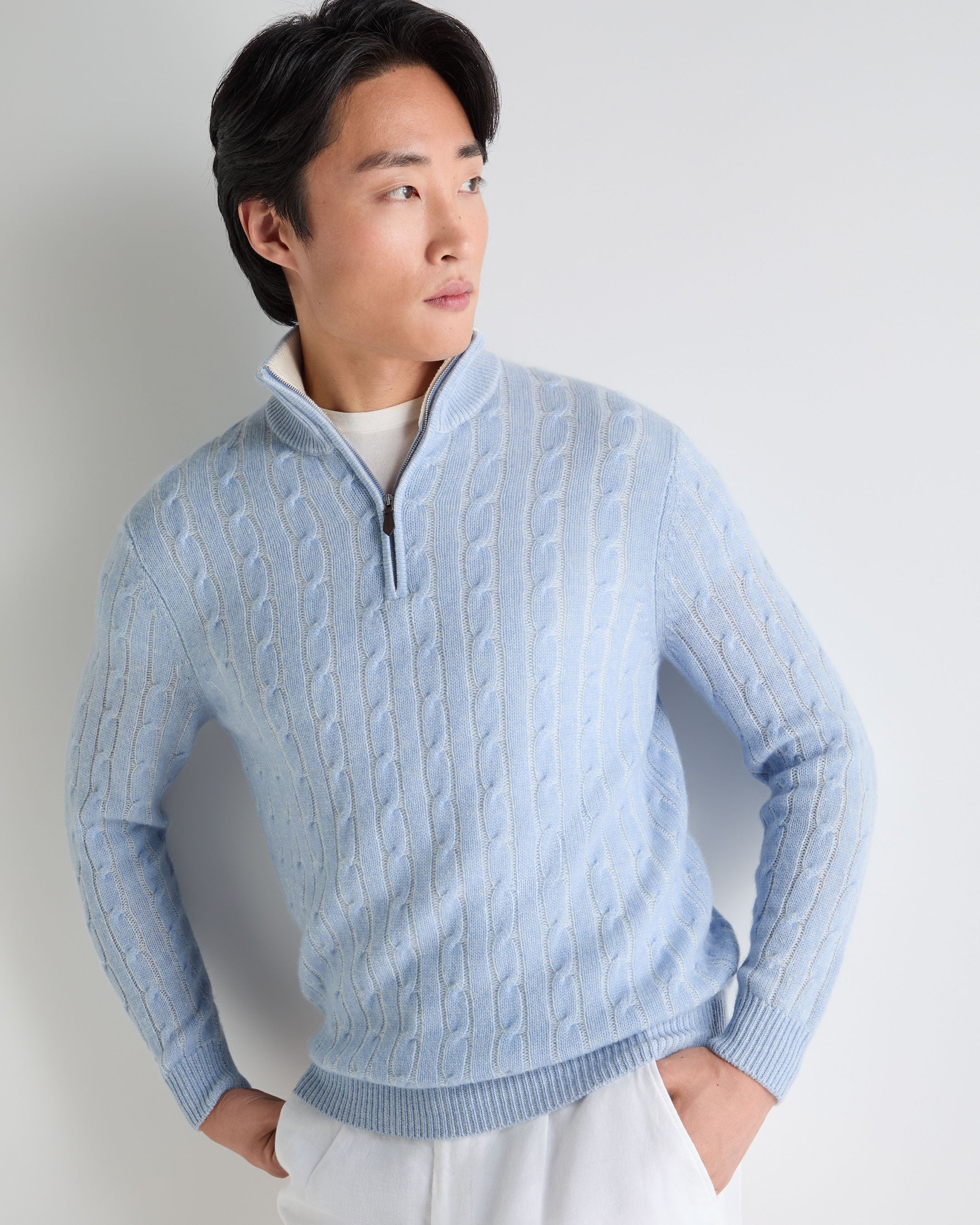 Image of Men's Albemarle Cable Half Zip Cashmere Sweater Sea Mist Blue