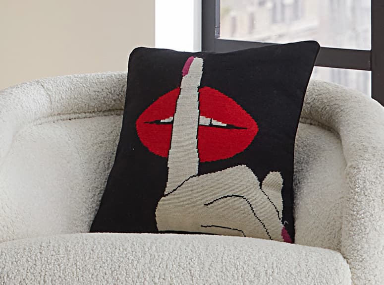 Lips Hush Needlepoint Throw Pillow