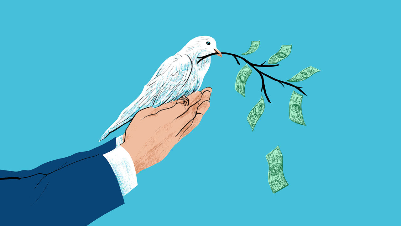 A dove holding a branch with dollar bills instead of leaves.